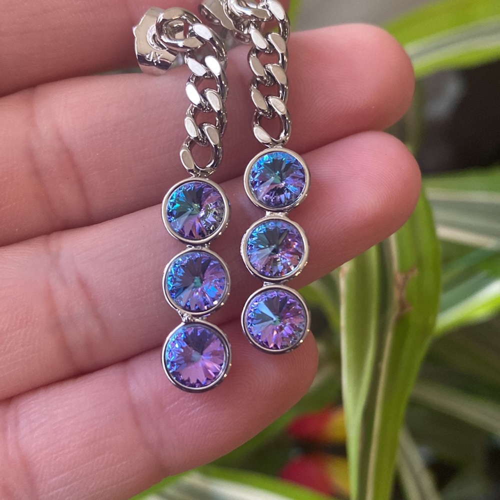 Swarovski Iridescent Blue-Purple Drop Chain Earrings - Picture 2 of 2